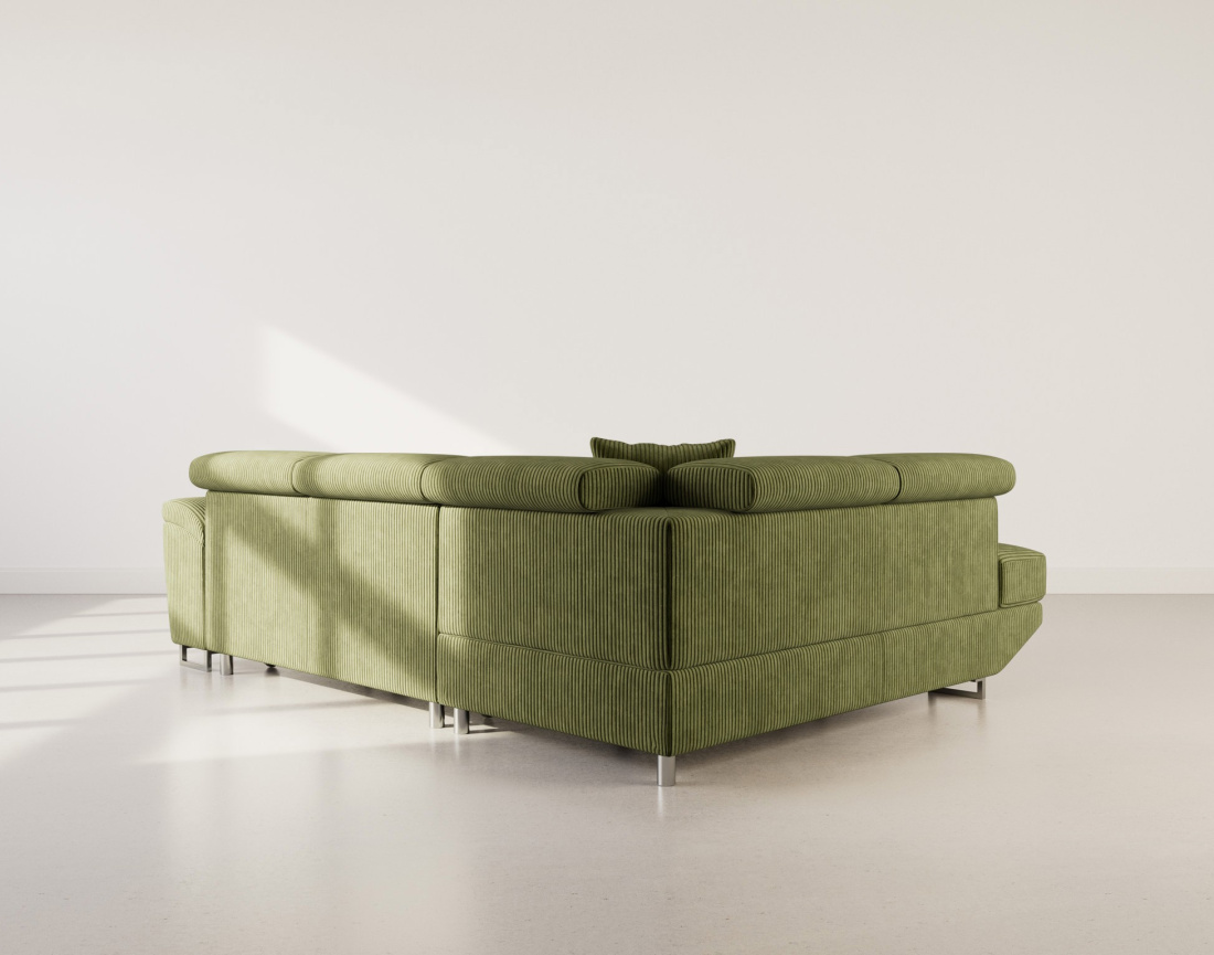 Canapé d'angle gauche 5 places convertible avec têtières et coffre en velours côtelé Baoji