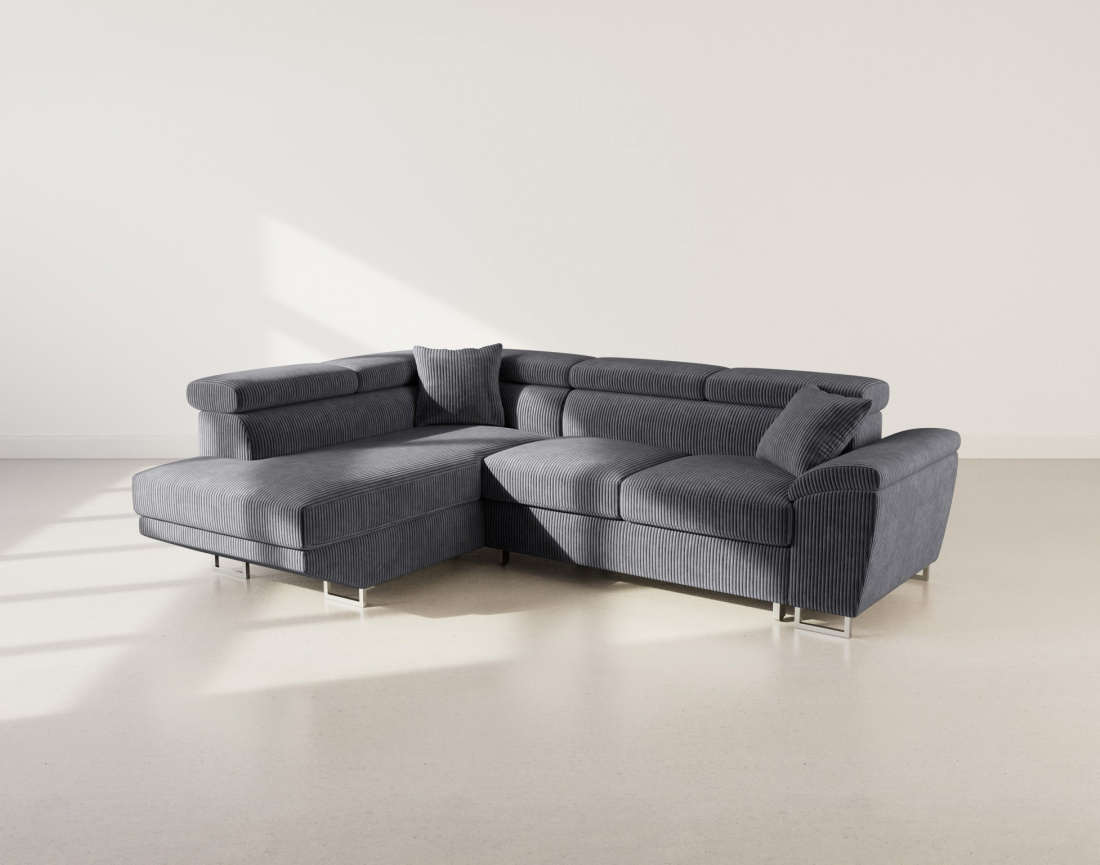 Canapé d'angle gauche 5 places convertible avec têtières et coffre en velours côtelé Baoji