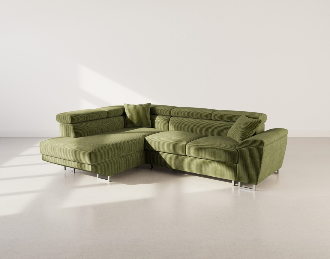 Canapé d'angle gauche 5 places convertible avec têtières et coffre en velours côtelé Baoji