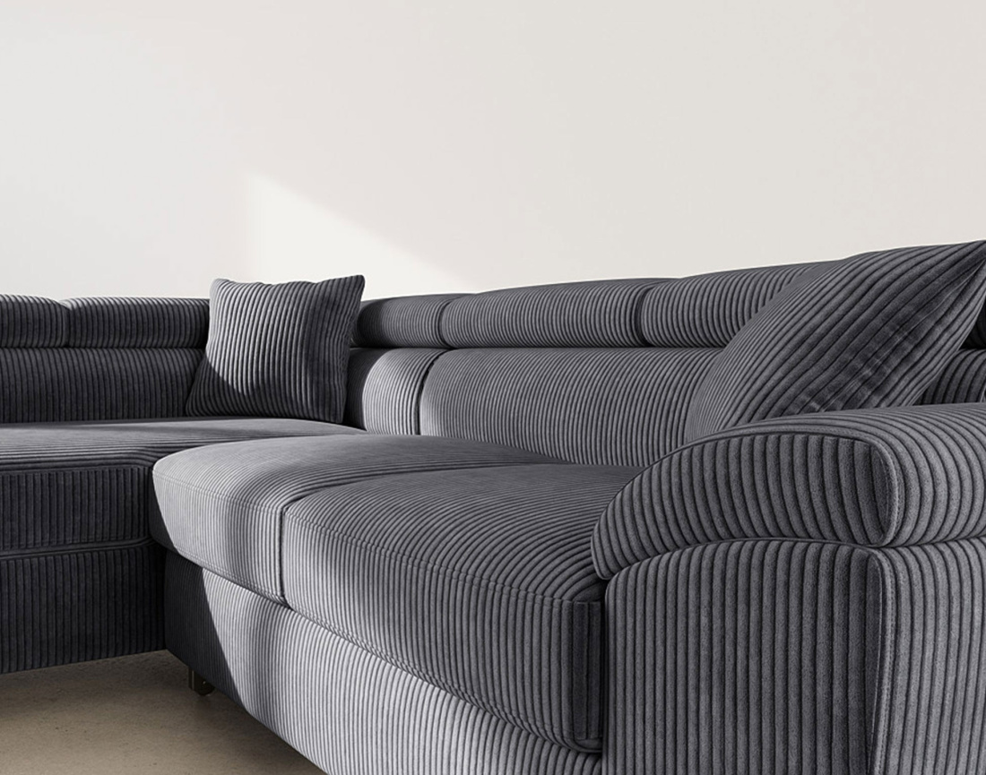 Canapé d'angle gauche 5 places convertible avec têtières et coffre en velours côtelé Baoji