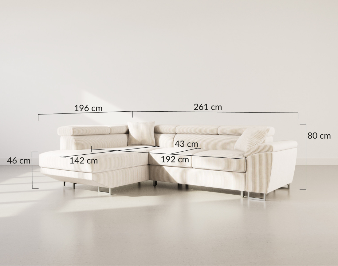 Canapé d'angle gauche 5 places convertible avec têtières et coffre en velours côtelé Baoji