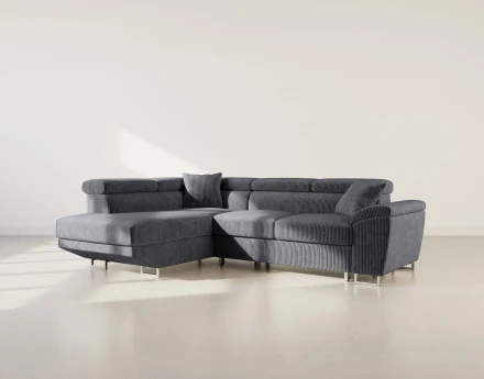 Canapé d'angle gauche 5 places convertible avec têtières et coffre en velours côtelé Baoji