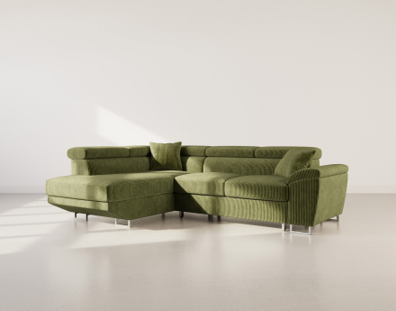 Canapé d'angle gauche 5 places convertible avec têtières et coffre en velours côtelé Baoji