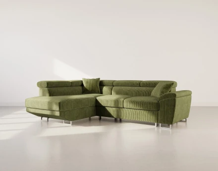 Canapé d'angle gauche 5 places convertible avec têtières et coffre en velours côtelé Baoji