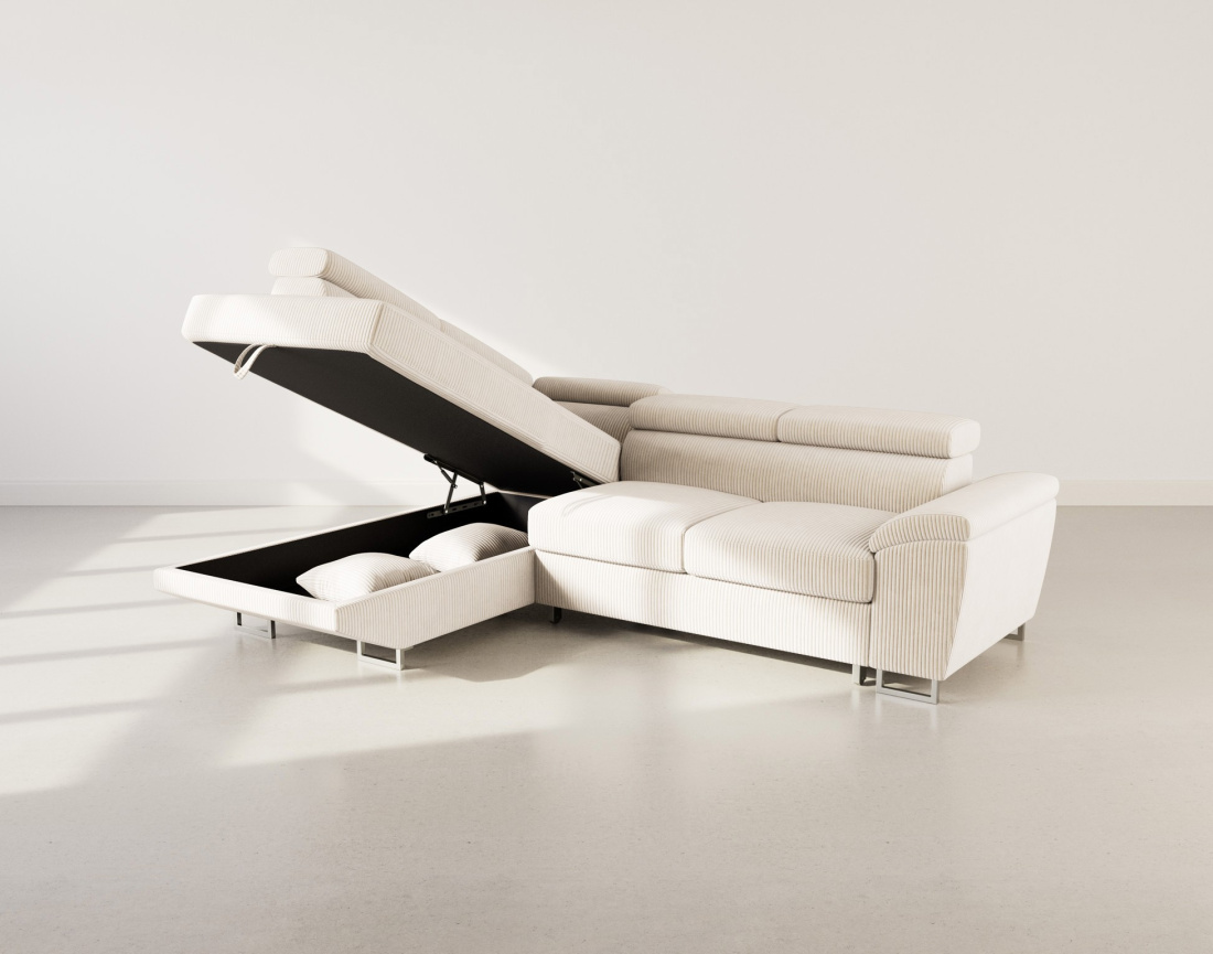 Canapé d'angle gauche 5 places convertible avec têtières et coffre en velours côtelé Baoji