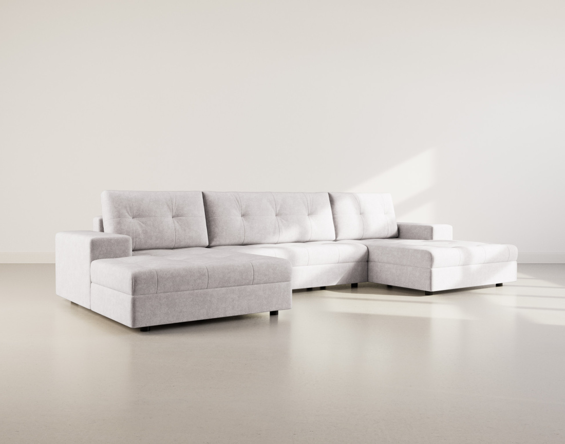 Thumbnail video of the produit Bastian - canapé panoramique en U 7 places convertible avec coffre en velours texturé