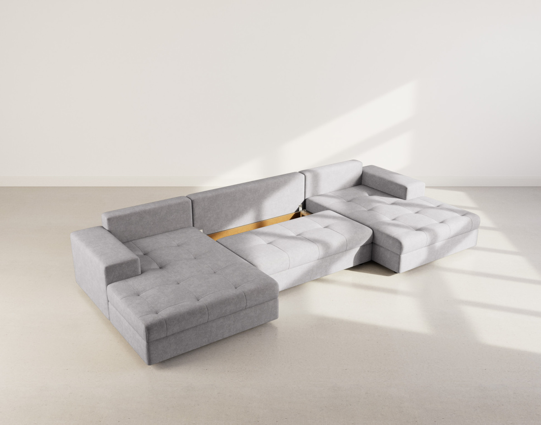 Canapé panoramique en U 7 places convertible avec coffre en velours texturé Bastian