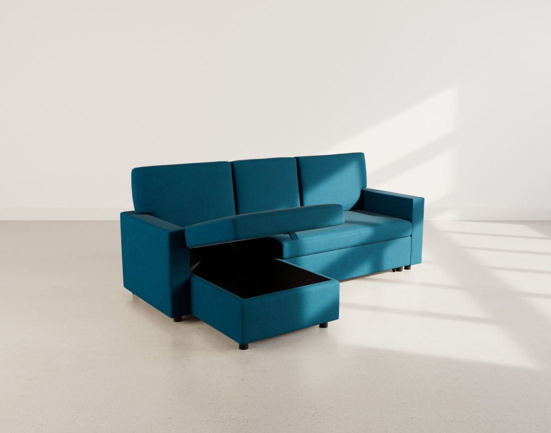 Canapé d’angle 4 places en tissu convertible avec coffre Meiya