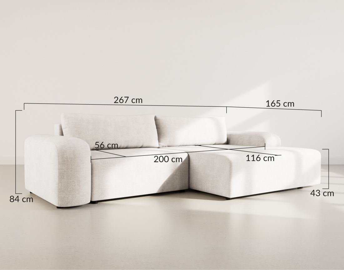 Canapé d'angle droit 4 places convertible avec coffre en velours texturé Rebecca