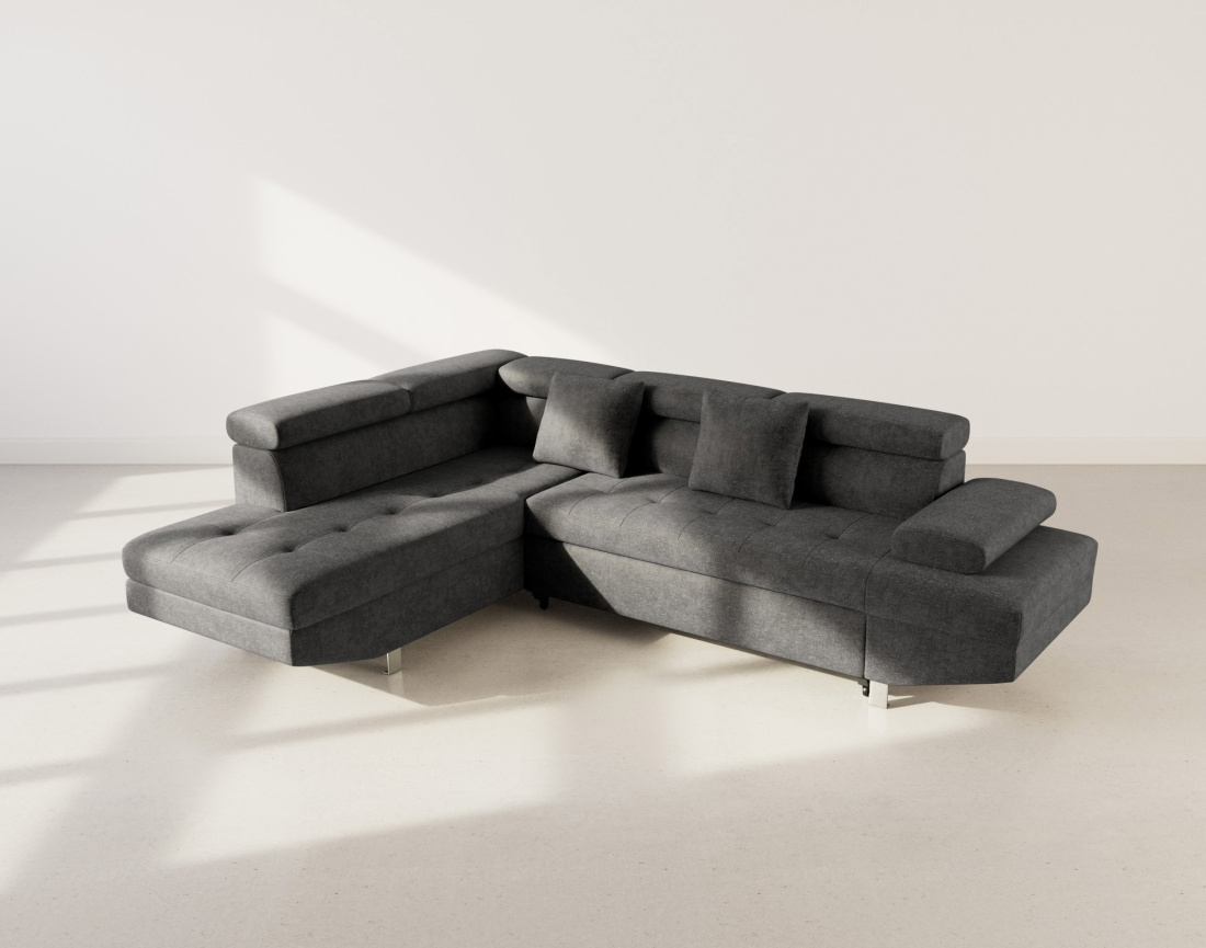 Canapé d'angle gauche 5 places convertible avec coffre et têtières réglables en velours texturé Margaux