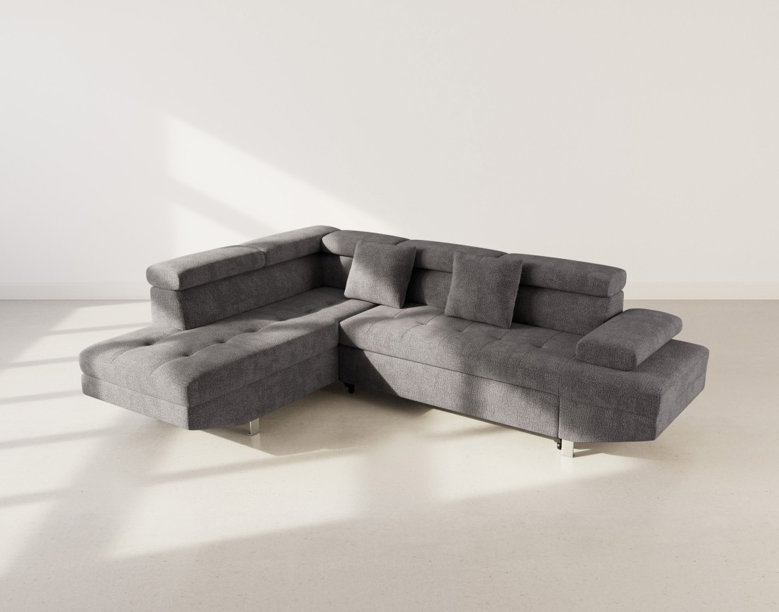 Canapé d'angle gauche 5 places convertible avec coffre et têtières réglables en velours texturé Margaux