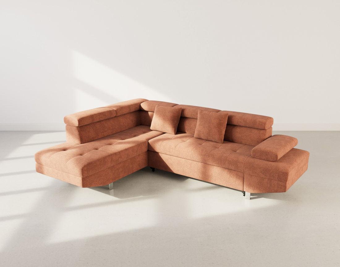 Canapé d'angle gauche 5 places convertible avec coffre et têtières réglables en velours texturé Margaux