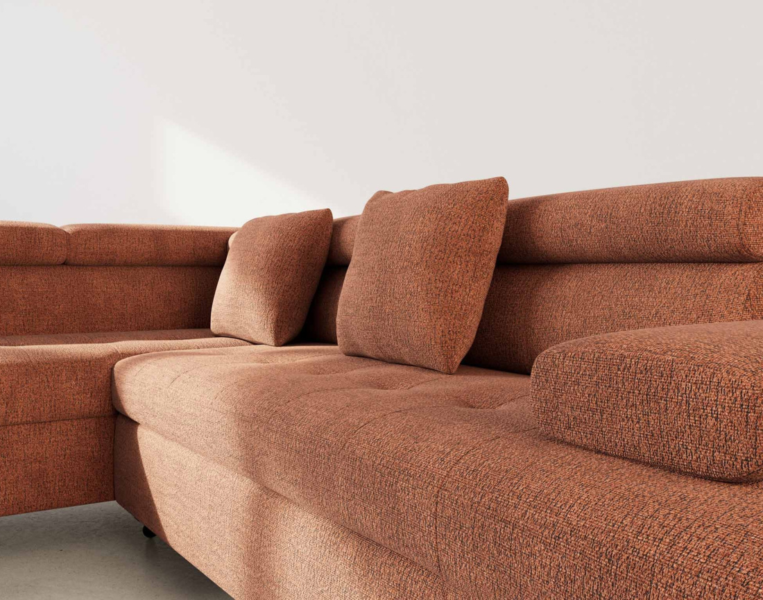 Canapé d'angle gauche 5 places convertible avec coffre et têtières réglables en velours texturé Margaux