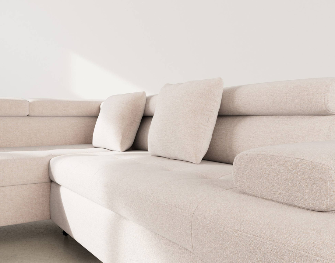 Canapé d'angle gauche 5 places convertible avec coffre et têtières réglables en velours texturé Margaux