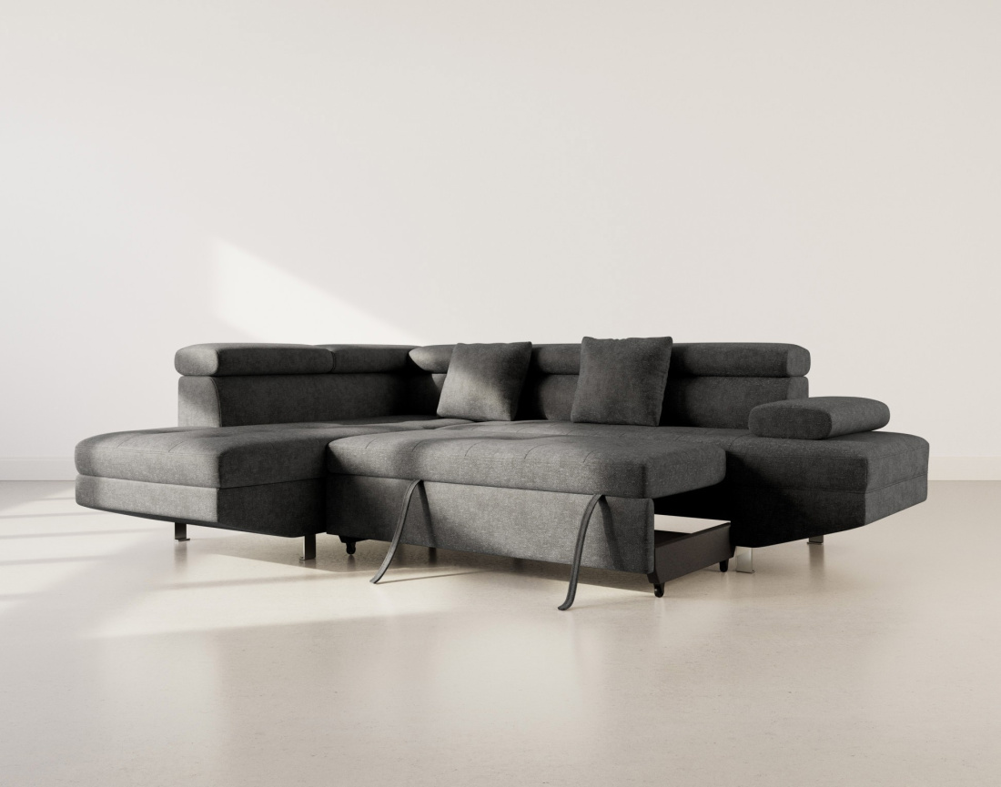 Canapé d'angle gauche 5 places convertible avec coffre et têtières réglables en velours texturé Margaux