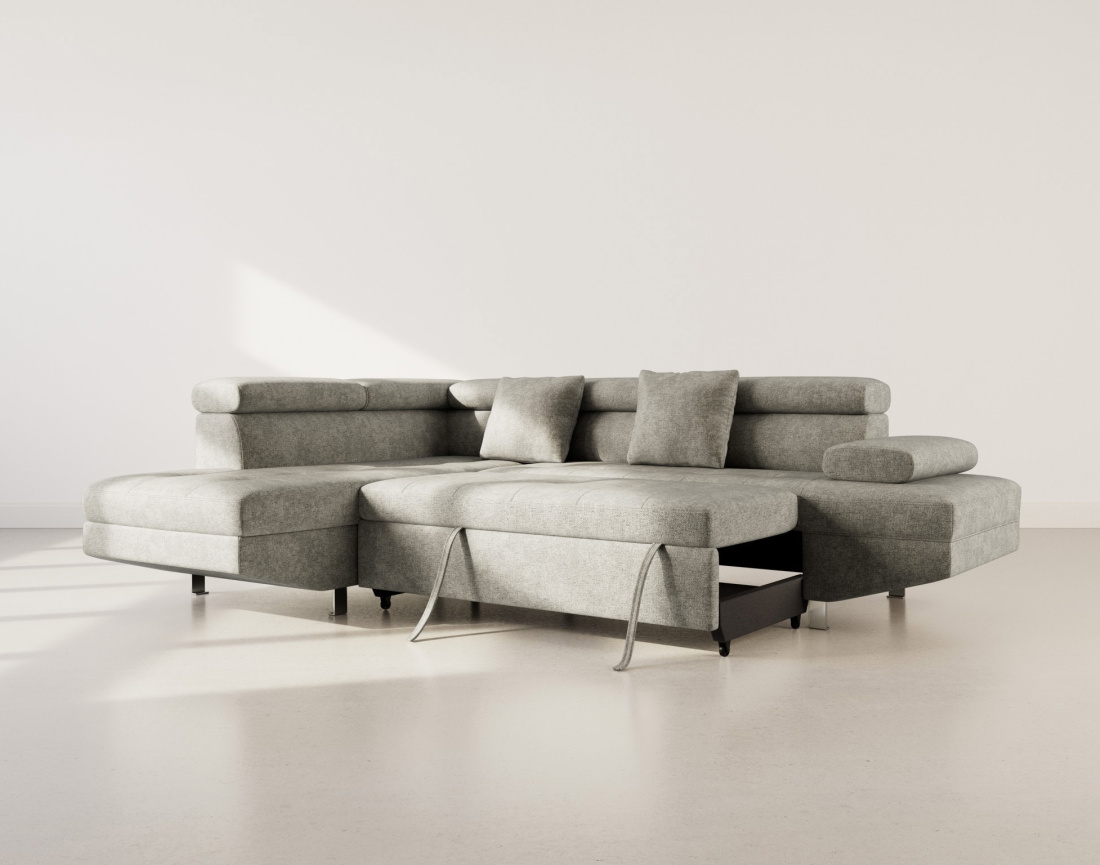 Canapé d'angle gauche 5 places convertible avec coffre et têtières réglables en velours texturé Margaux