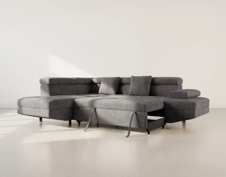 Canapé d'angle gauche 5 places convertible avec coffre et têtières réglables en velours texturé Margaux