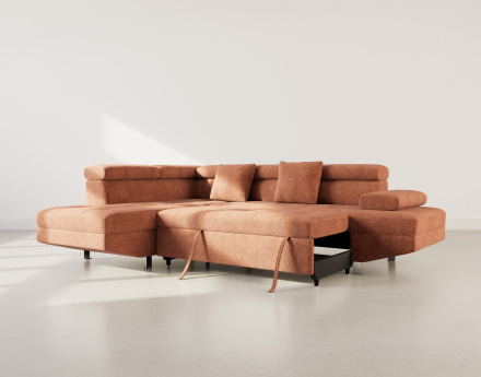 Canapé d'angle gauche 5 places convertible avec coffre et têtières réglables en velours texturé Margaux