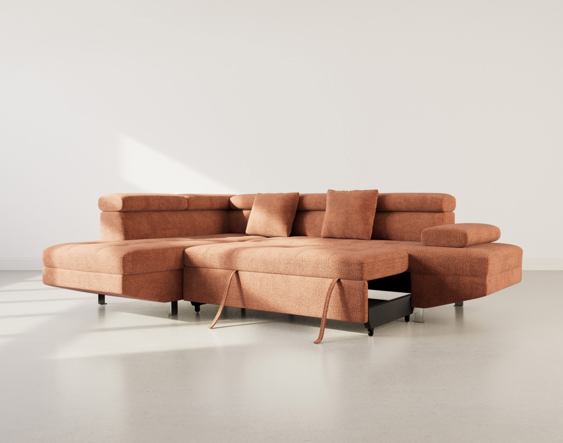 Canapé d'angle gauche 5 places convertible avec coffre et têtières réglables en velours texturé Margaux