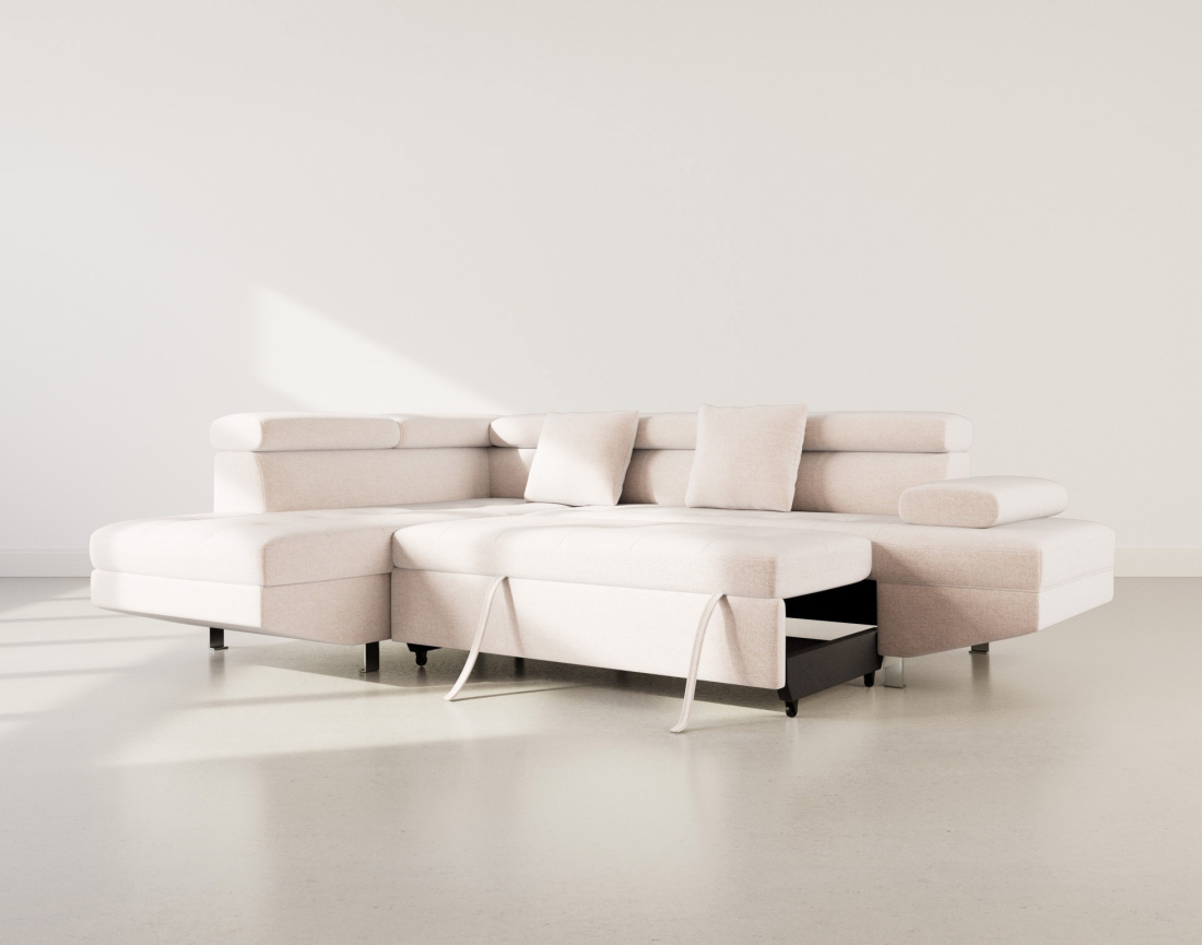 Canapé d'angle gauche 5 places convertible avec coffre et têtières réglables en velours texturé Margaux