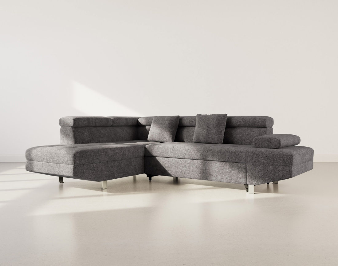 Canapé d'angle gauche 5 places convertible avec coffre et têtières réglables en velours texturé Margaux