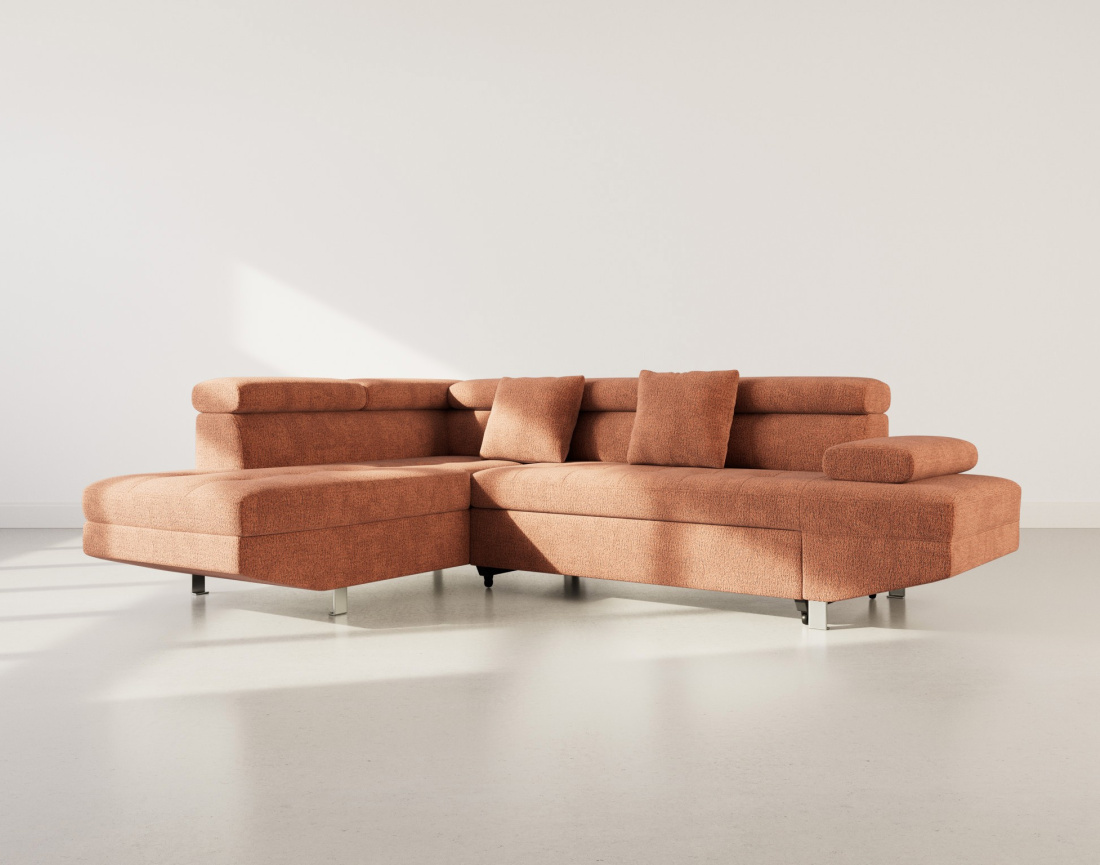 Canapé d'angle gauche 5 places convertible avec coffre et têtières réglables en velours texturé Margaux