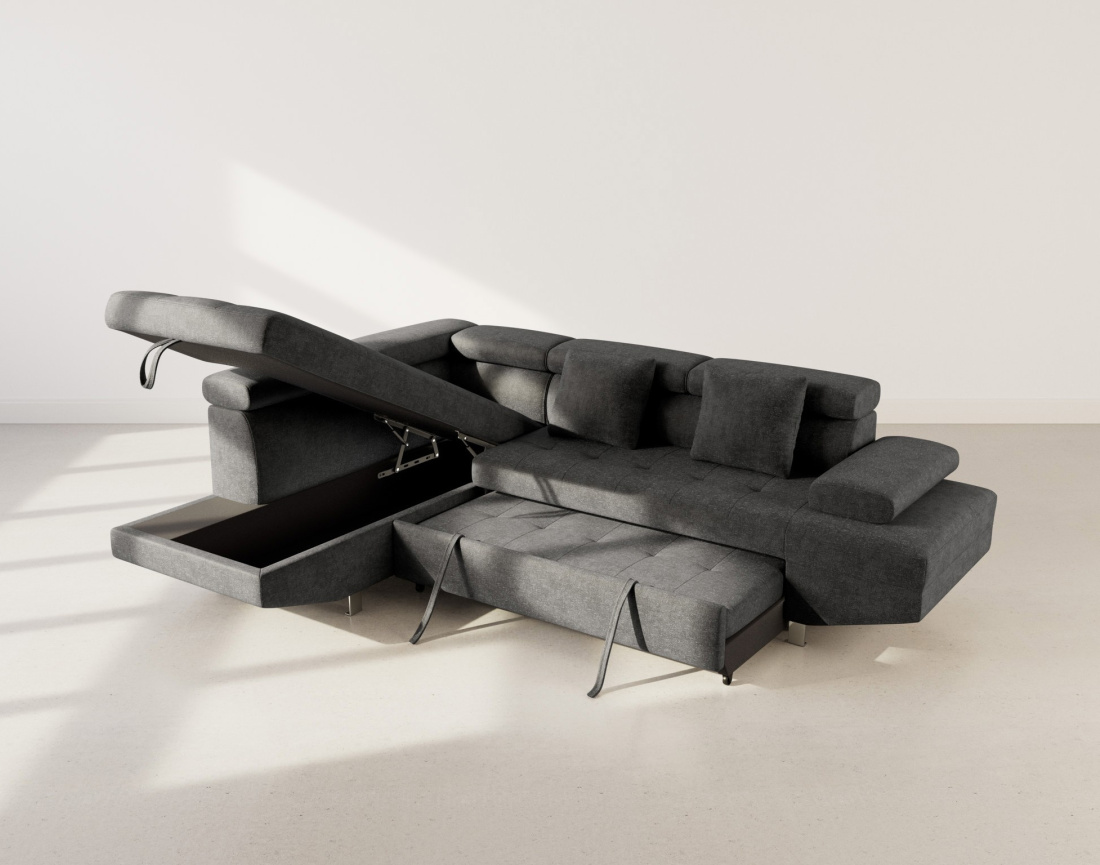 Canapé d'angle gauche 5 places convertible avec coffre et têtières réglables en velours texturé Margaux