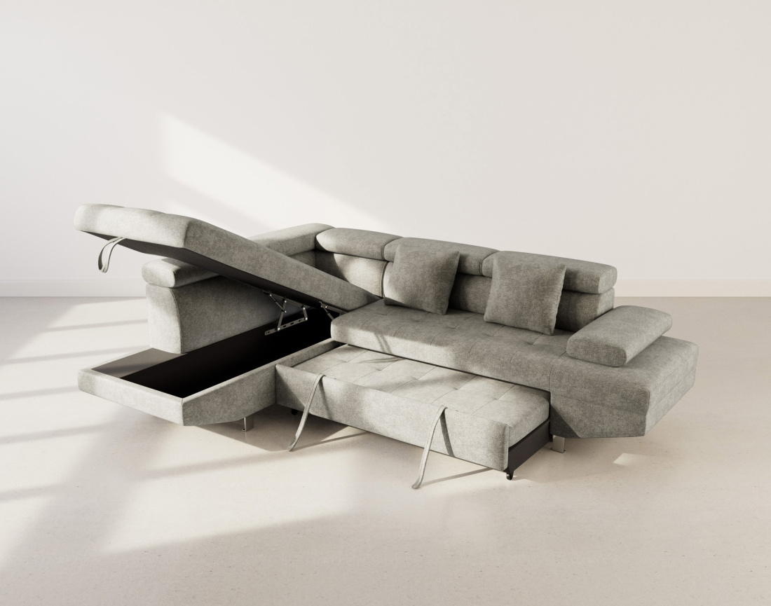 Canapé d'angle gauche 5 places convertible avec coffre et têtières réglables en velours texturé Margaux