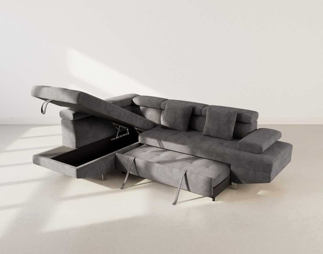 Canapé d'angle gauche 5 places convertible avec coffre et têtières réglables en velours texturé Margaux