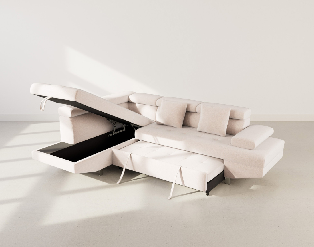 Canapé d'angle gauche 5 places convertible avec coffre et têtières réglables en velours texturé Margaux