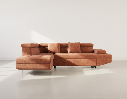 Canapé d'angle gauche 5 places convertible avec coffre et têtières réglables en velours texturé Margaux