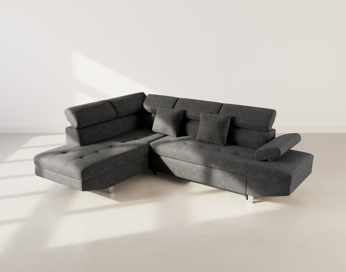 Canapé d'angle gauche 5 places convertible avec coffre et têtières réglables en velours texturé Margaux