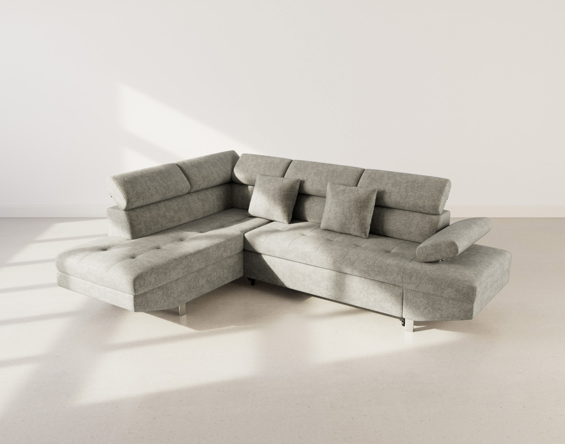 Canapé d'angle gauche 5 places convertible avec coffre et têtières réglables en velours texturé Margaux