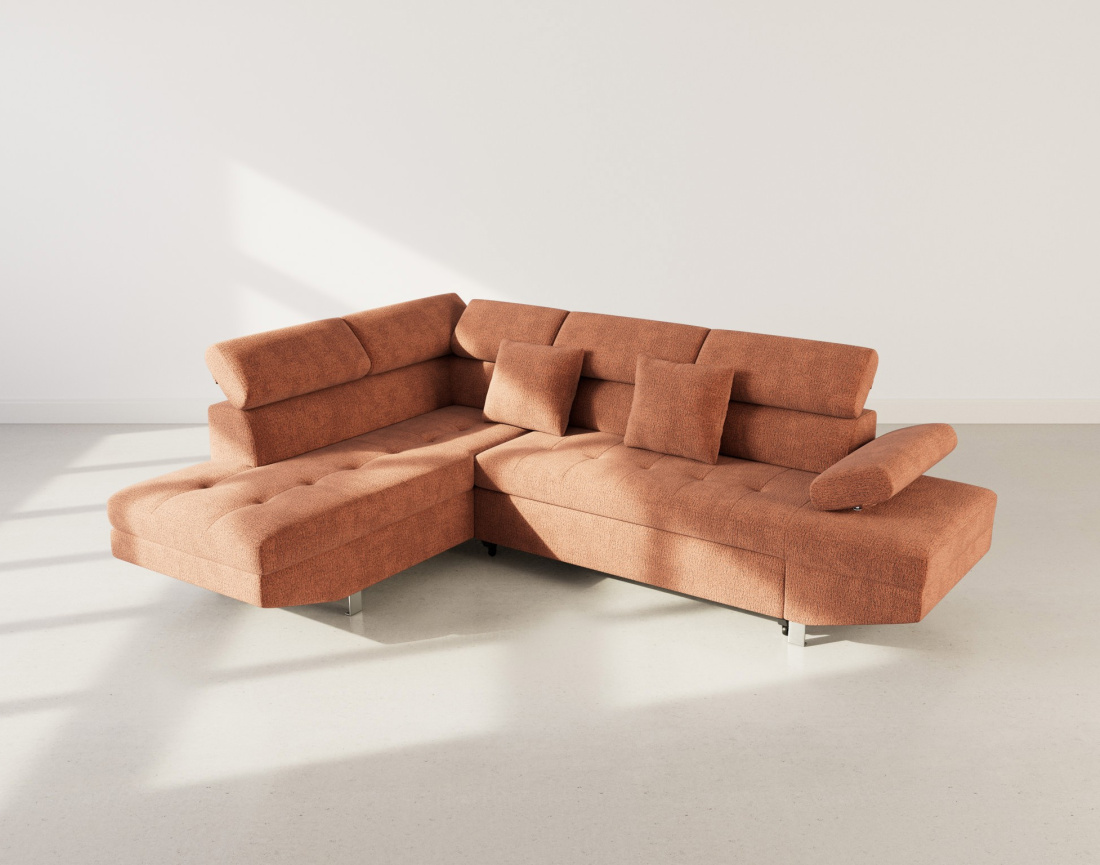 Canapé d'angle gauche 5 places convertible avec coffre et têtières réglables en velours texturé Margaux