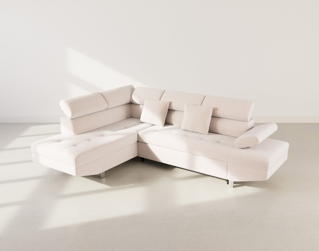 Canapé d'angle gauche 5 places convertible avec coffre et têtières réglables en velours texturé Margaux