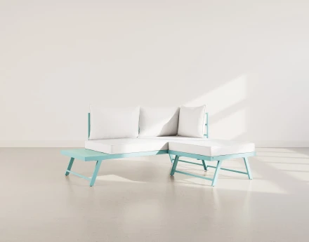 Salon de jardin 3 places modulable vert avec coussins beiges Isadora