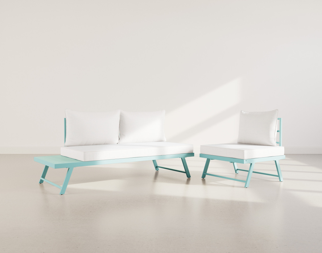 Salon de jardin 3 places modulable vert avec coussins beiges Isadora