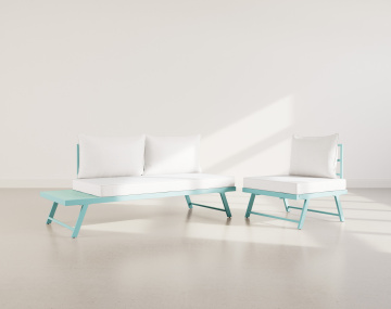 Salon de jardin 3 places modulable vert avec coussins beiges Isadora
