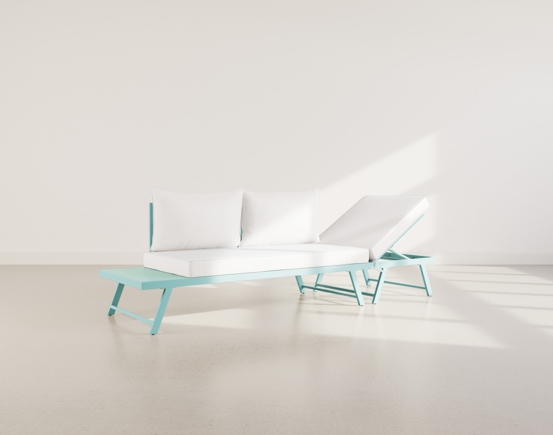 Salon de jardin 3 places modulable vert avec coussins beiges Isadora