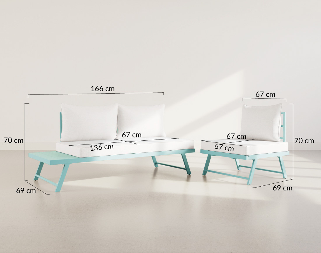 Salon de jardin 3 places modulable vert avec coussins beiges Isadora