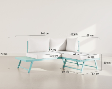 Salon de jardin 3 places modulable vert avec coussins beiges Isadora