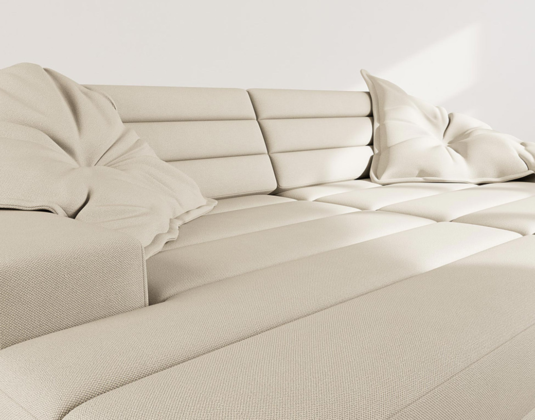 Canapé droit 4 places double méridienne assise profonde en tissu texturé Loredana