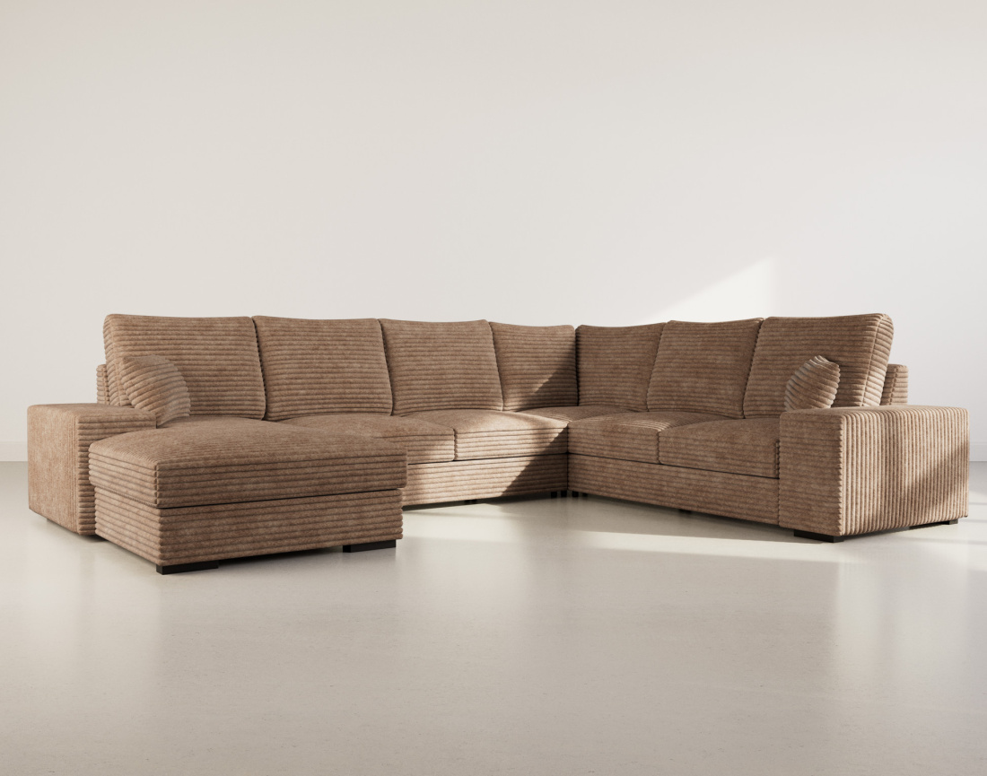 Canapé panoramique d'angle droit 7 places convertible en velours côtelé grosse côte avec coffre Lorie
