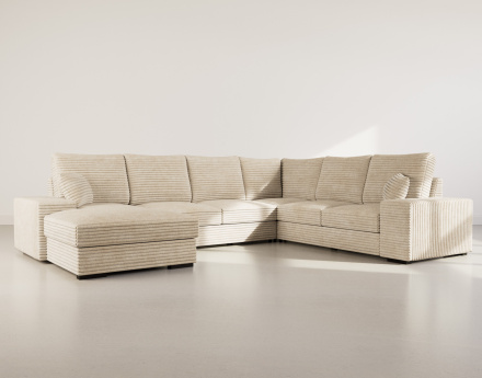 Canapé panoramique d'angle droit 7 places convertible en velours côtelé grosse côte avec coffre Lorie