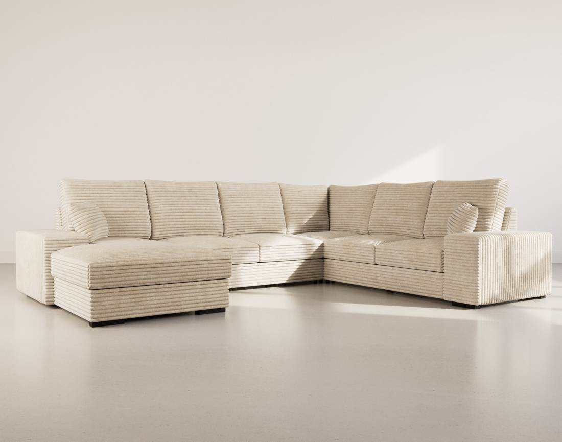 Canapé panoramique d'angle droit 7 places convertible en velours côtelé grosse côte avec coffre Lorie