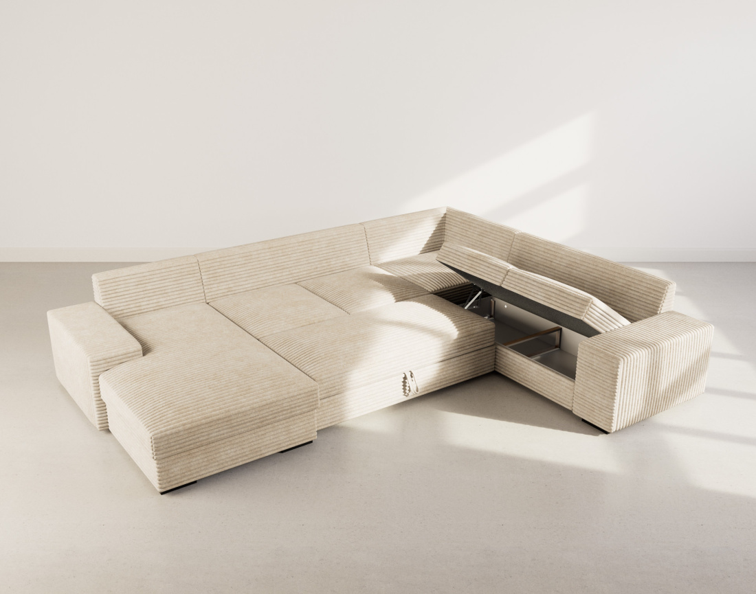 Canapé panoramique d'angle droit 7 places convertible en velours côtelé grosse côte avec coffre Lorie