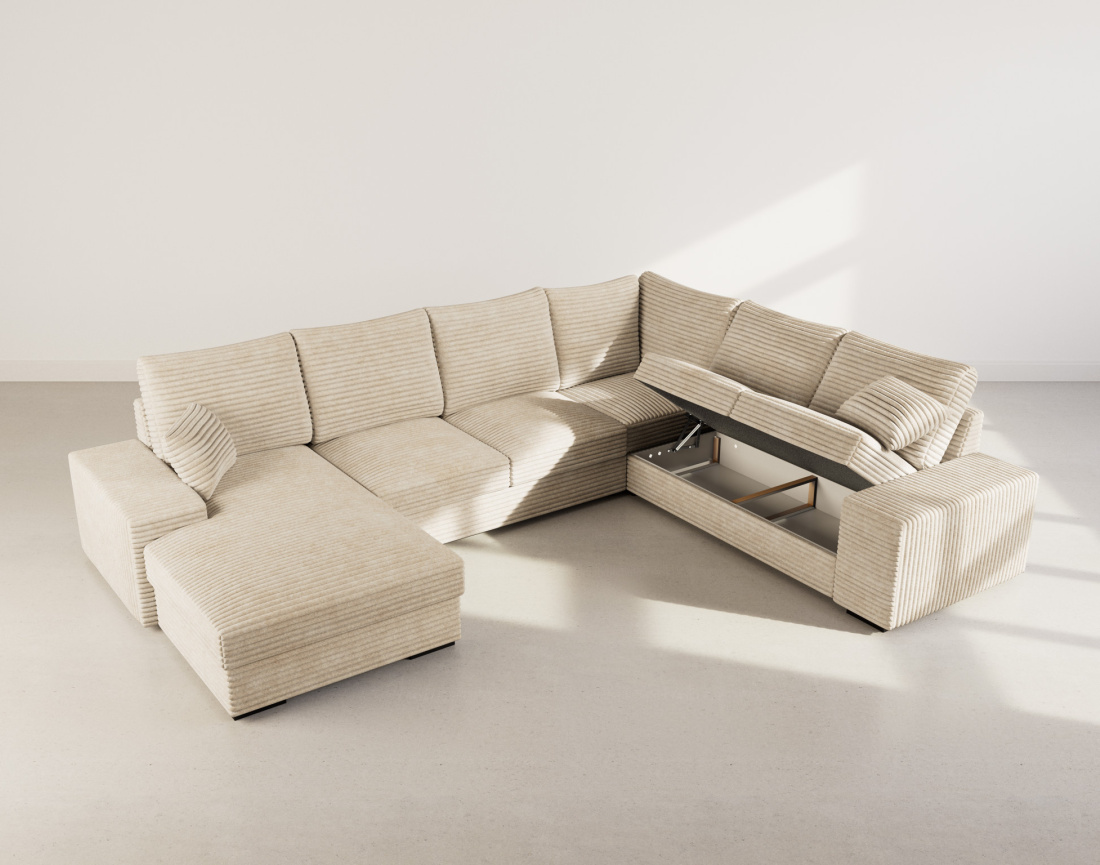 Canapé panoramique d'angle droit 7 places convertible en velours côtelé grosse côte avec coffre Lorie
