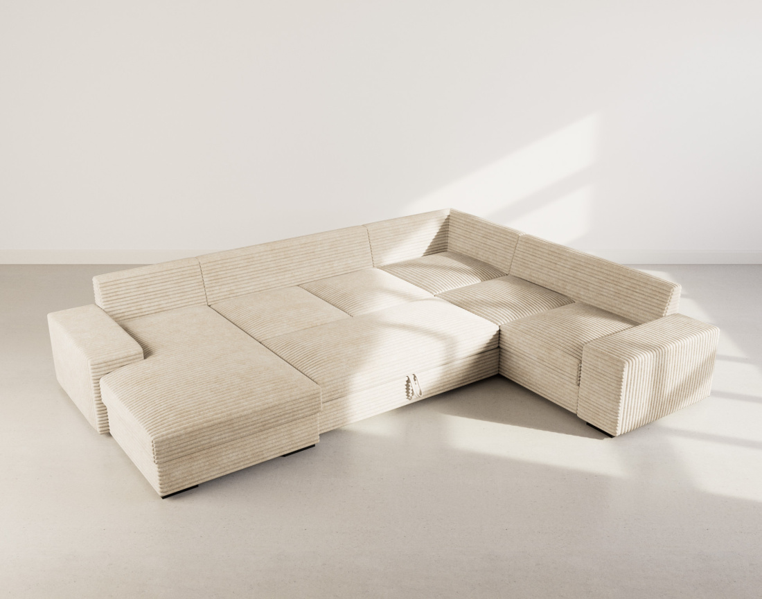 Canapé panoramique d'angle droit 7 places convertible en velours côtelé grosse côte avec coffre Lorie