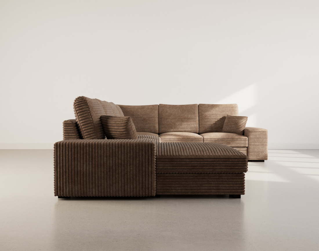 Canapé panoramique d'angle droit 7 places convertible en velours côtelé grosse côte avec coffre Lorie