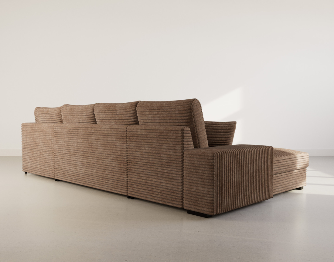 Canapé panoramique d'angle droit 7 places convertible en velours côtelé grosse côte avec coffre Lorie